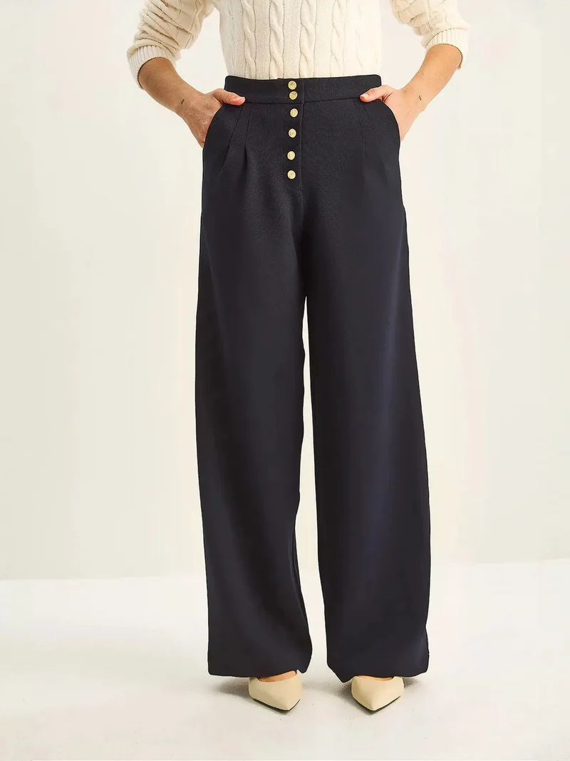 Bianco Lucci Navy Blue LUCCI High Waist Wide Leg Palazzo Pants for Women | Best Price UAE